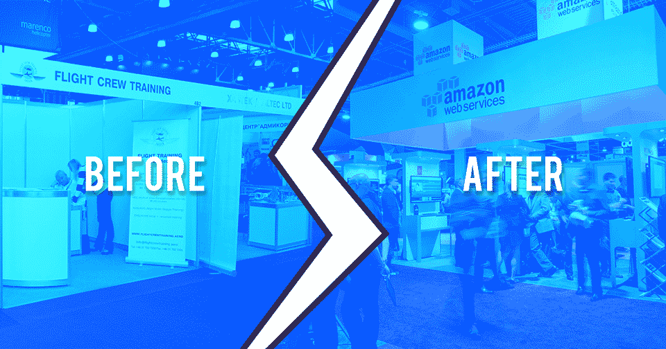 This image is a comparison between before and after a trade show booth is transformed. This image is made by Blue Atlas