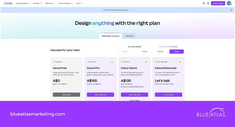 An image showing Canva pricing and plans