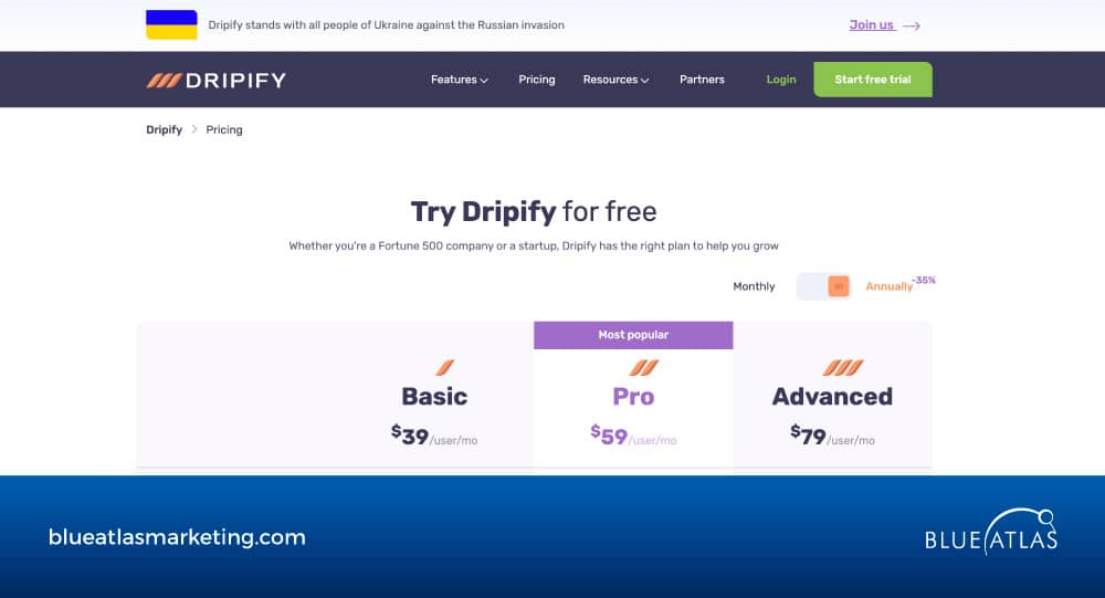 An image showing Dripify tool pricing