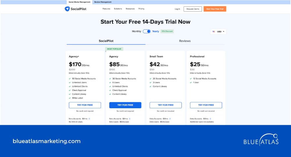 An image showing SocialPilot pricing and plans